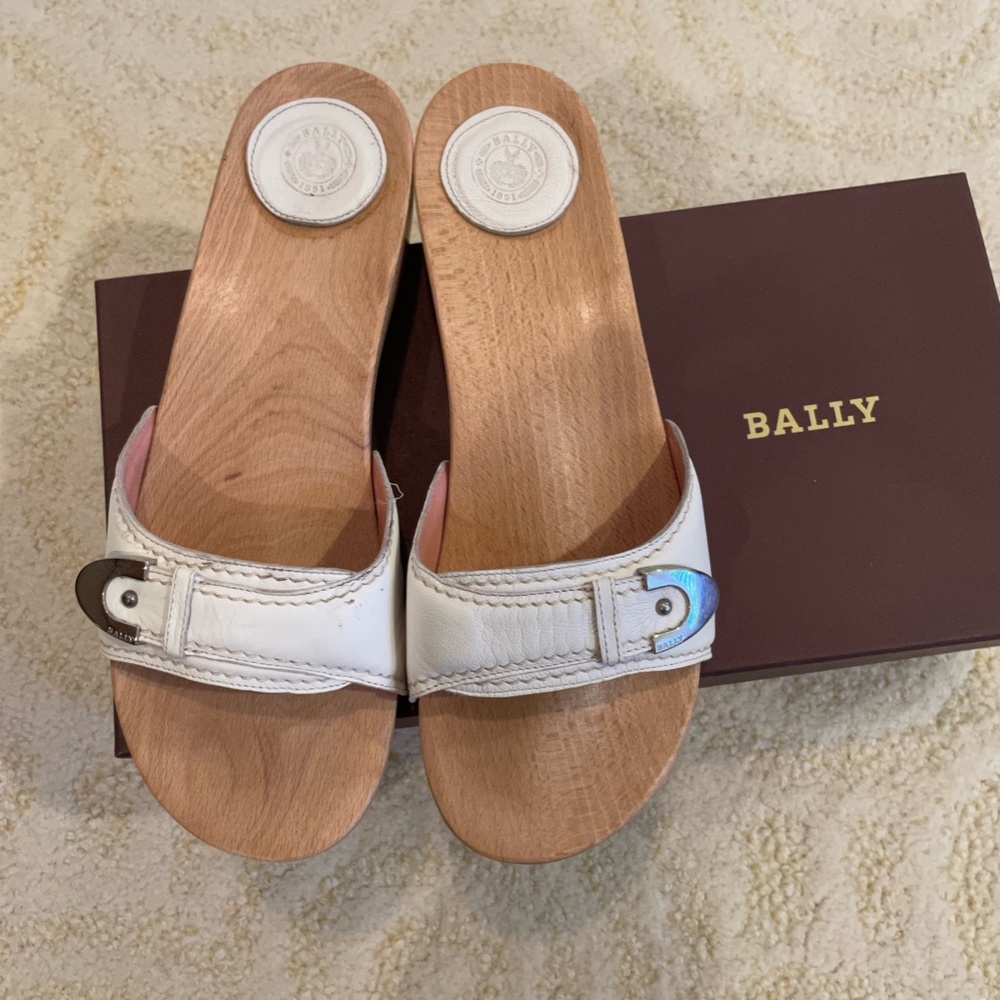 Bally White Leather Wooden Slides